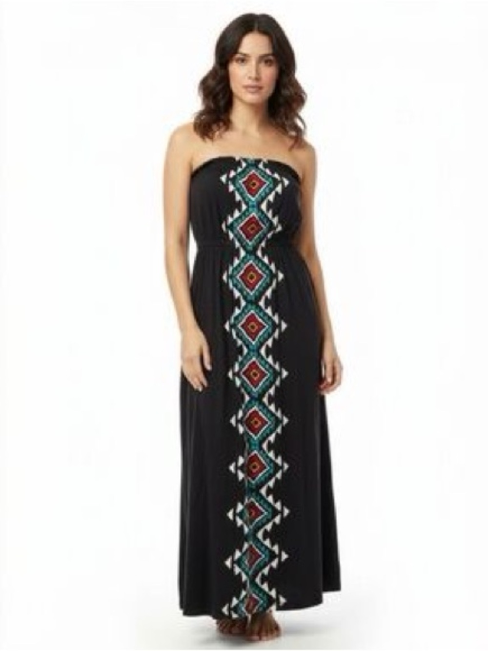 Billabong Black Strapless Maxi Dress with Teal & Red Aztec Trim